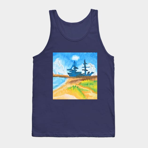 Beautiful Boat Beach Scenery - Watercolor on Canvas Tank Top by JadedOddity